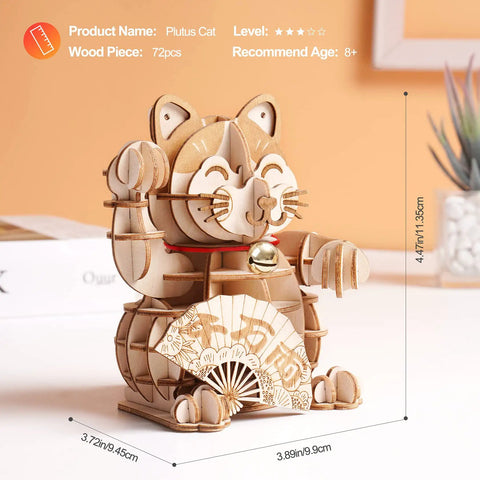 3D Wooden Puzzle Lucky Cat DIY Wood Craft Model Kit For Teens And Adults Easy To Build Fun Family Project No Brainer STEM Craft Gift Beginner Friendly Hands On Home DIY Kit, 4.47in wooden cat
