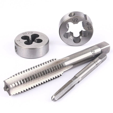 Two round dies and two silver taps for threading; part of Master Tap and Die Set