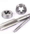 All-In-One Tap And Die Set For SAE And Metric Threads 80 Piece Premium Kit close-up of steel taps and dies.