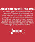 Johnson Hardware logo and description of American-made door hardware since 1958 from Elkhart, Indiana.
