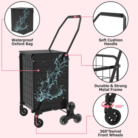 Beast Folding Stair Climber Cart with Waterproof Bag, showcasing metal frame, soft handle, and 360° swivel wheels.