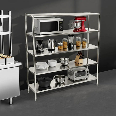 Five Tier Stainless Steel Shelving Rack With Heavy Duty Adjustable Storage Shelves Delivering Rugged Garage Organization Plus No Sweat Three Hundred Thirty Pound Load Bearing Capacity For Any Home Workshop Setup with kitchen appliances.