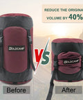 Before and after comparison of Waterproof Stuff Sacks For Camping Gear Organizer Red XXL Durable Ripstop Compression Sacks