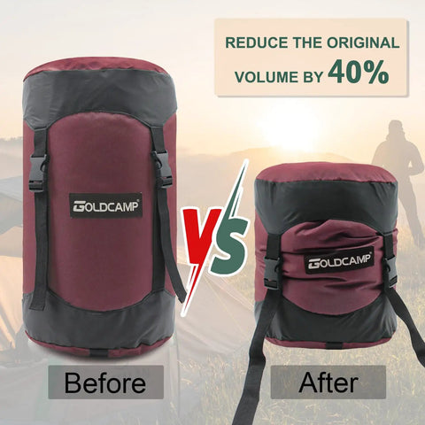 Before and after comparison of Waterproof Stuff Sacks For Camping Gear Organizer Red XXL Durable Ripstop Compression Sacks