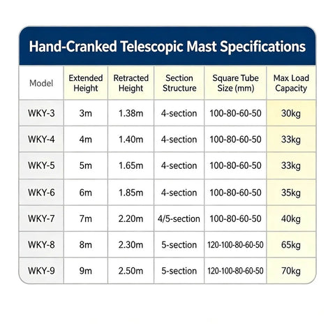 Hand-Cranked Telescopic Mast specifications table detailing model heights, structure, load capacity for Manual Telescopic Mast With Hand Crank Operation And Tripod Truck Bed Wall Mount Options Heavy Duty Extendable Work Light Tower Adjustable Height 3 To 9 Meter Yellow Killer Rig For Any Job Site.