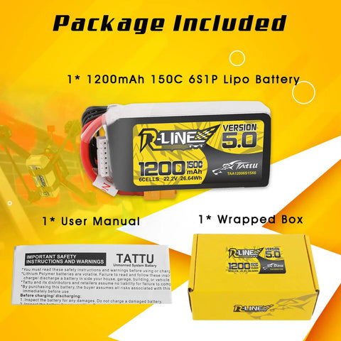 R Line Version 5.0 6S LiPo Battery Pack 22.2V 150C 1200mAh With XT60 Plug packaging including battery, manual, and box