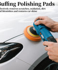Close-up of a hand using a polisher with Next Level Five Inch Buffing And Polishing Cutting Pads Premium Open Cell Foam Sponge Pads.