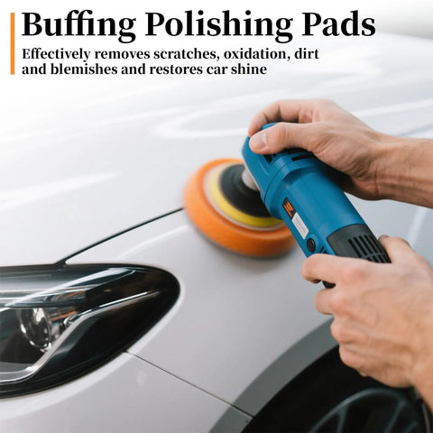 Close-up of a hand using a polisher with Next Level Five Inch Buffing And Polishing Cutting Pads Premium Open Cell Foam Sponge Pads.