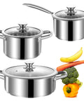 Six Piece Stainless Steel Pots And Pans Set With Nonstick Coating Induction Compatible And Oven Safe Includes 2 Qt Saucepan 2.6 Qt And 3.7 Qt Stock Pots With Lids Great For Home Or Camping Kitchens And Easy Cleanup on display with vegetables