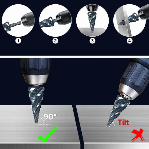 Diagram showing proper use of Four Spiral Flute Step Drill Bit Set, Three Piece, Thirty Four Sizes From One Eighth To Seven Eighths Inch
