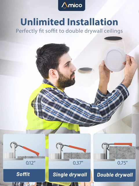 Installer demonstrating how to mount a 14 Pack 6 Inch Ultra Thin LED Recessed Ceiling Light With Junction Box No Fuss 5CCT Selectable. 