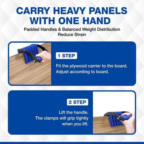 Crush Your Heavy Loadouts With This Panel Carrier Tool For 4x8 Sheets Up To 100 Lbs One Handed Ergonomic Grip shown in use, step by step guide.