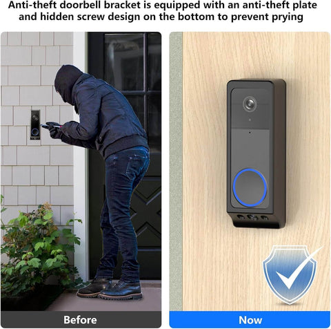 Comparison of no-drill anti-theft doorbell mount installed on a house door and standalone view of E340 and Wyze Duo Cam mount.