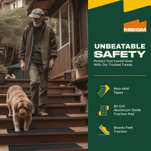 Man and dog using 8-Pack Non Slip Outdoor Stair Treads For Steps And Decks 8x30 Inch Grip Tape Adhesive Strips With Heavy Duty Traction