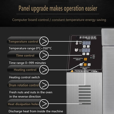 Control panel of Game Changing Electric Nut Roaster Machine Featuring Rock Solid Thermostat And Easy Clean Nonstick Pan.