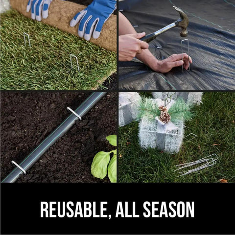 Beefy 6 Inch Landscape Staples 50 Pack 11 Gauge Galvanized Steel Stakes With Ultra Sharp Tip For Easy Install Lawn Anchors in use.