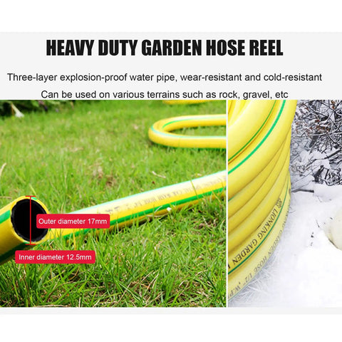 Close-up of heavy duty water hose showcasing yellow design, measuring outer diameter 17mm, ideal for outdoor use.