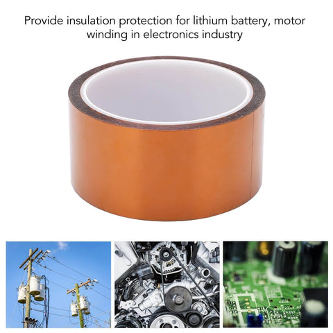 Pro Grade Polyimide Kapton Tape For Electronics And DIY Projects, High Temperature Insulation Tape For Motors Circuit Boards Battery Wrapping Sublimation And Transformers, Heat Transfer Ready, 108.3 Ft Roll displayed on white background with industrial applications