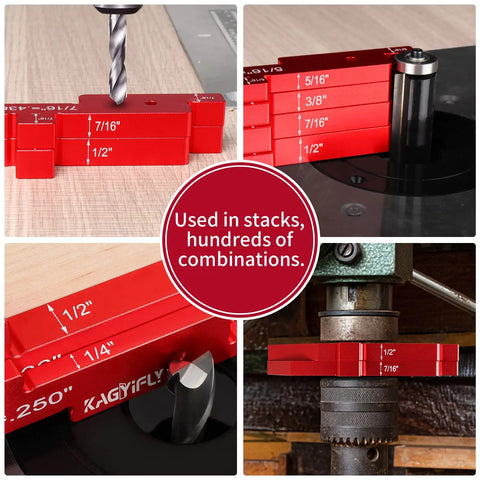 Seven Piece Aluminum Router Table Setup Blocks Gauge Set for Quick Height Depth and Edge Measurements in use