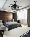 Old School 42 Inch Vintage Caged Industrial Ceiling Fan With Lights Remote Control installed in a modern bedroom.