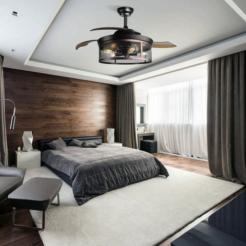 Old School 42 Inch Vintage Caged Industrial Ceiling Fan With Lights Remote Control installed in a modern bedroom.