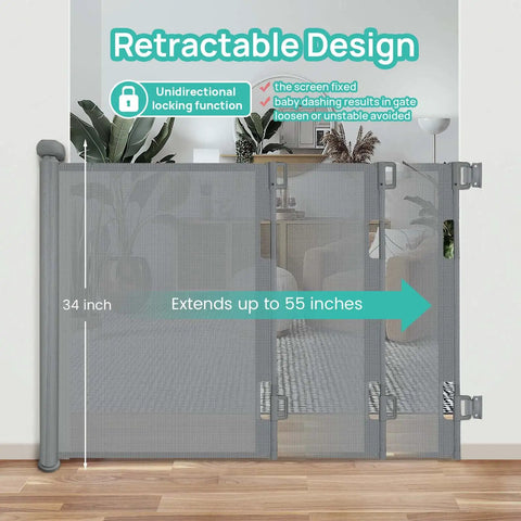 Retractable Baby Gate With One Way Lock Mesh, Tall 34 Inch Safety Gate For Kid And Pup, Extends To 55 Inches Indoors