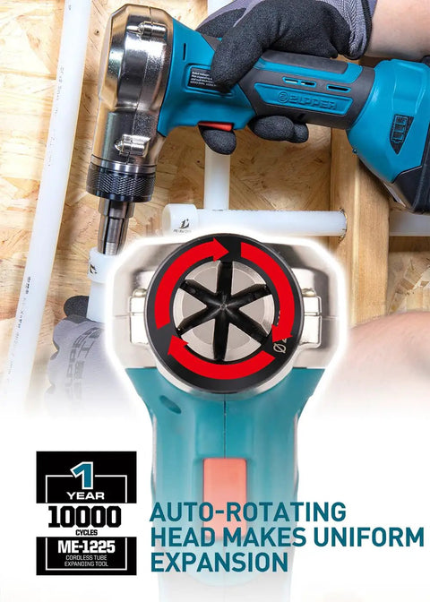 Rechargeable Electric PEX Expander Tool Kit With Auto Rotation Heads 16mm 20mm 25mm PEX A Expansion Cutter in use on piping