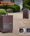 Rock Solid Gravity Dog Food Dispenser For Large Breed Pups 45 Lb Capacity, brown with wheels for mobility and clear viewing window.