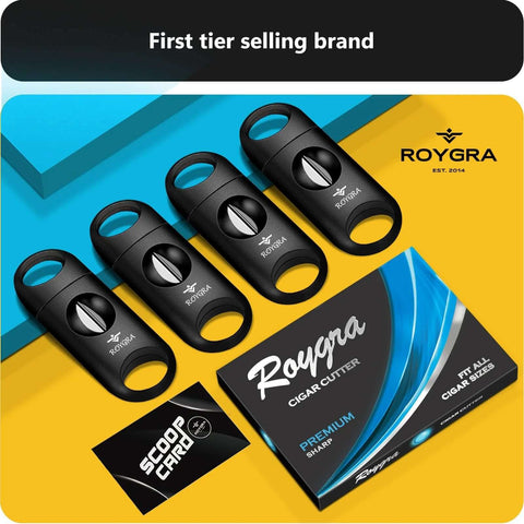 Front view of Roygra V-cut cigar cutter set, 4-pack in black plastic, fits all cigars