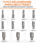 11 PCS Weldon Shank Annular Cutter Set featuring ultra-durable HSS, sizes from 7/16" to 1-1/16", ideal for metal drilling.
