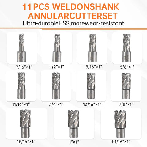 11 PCS Weldon Shank Annular Cutter Set featuring ultra-durable HSS, sizes from 7/16" to 1-1/16", ideal for metal drilling.