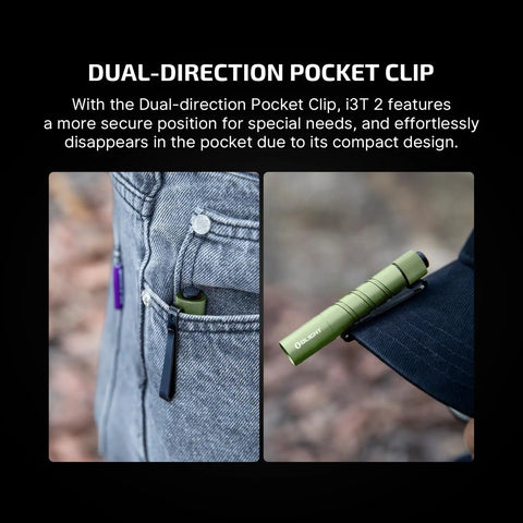 I3T 2 EOS Pocket EDC Flashlight with 200 lumen output clipped onto jeans and hat, showing dual-direction pocket clip