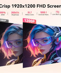 Comparison of 1080p and 1200p resolution on portable 16 inch monitor with 1920x1200 FHD display showing vibrant colors and details.
