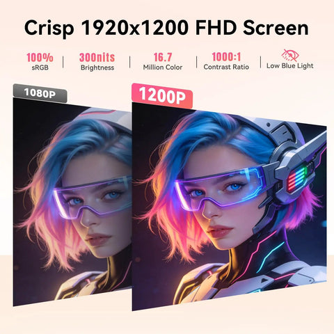 Comparison of 1080p and 1200p resolution on portable 16 inch monitor with 1920x1200 FHD display showing vibrant colors and details.