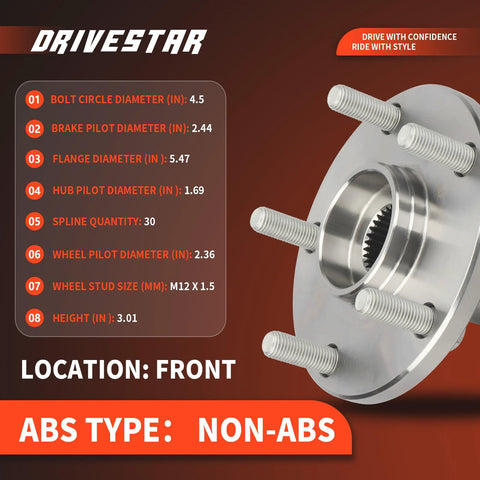 Pair Front Wheel Hub And Bearing Assembly For Toyota Avalon 1995-2004 Camry 1992-2003 Sienna 1998-2003 Solara 1999-2003 And Lexus ES300 1992-2003 RX300 1999-2003 5 Lug 4.5 Inch Bolt Circle 114.3mm displayed with dimensions and specifications on a red background.