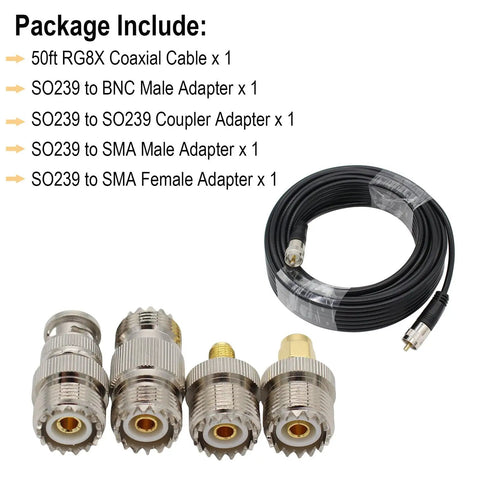 RG8X Coax Cable 50ft For Ham Radio And CB, Heavy Duty 16 AWG Copper Core, UHF SO239 Female To SMA UHF And BNC Adapters Included