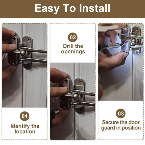 Installation process of Heavy Duty Swing Bar Lock For Hinged Doors, Door Guard Latch For Child And Pet Safety, Diecast Security Stopper