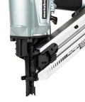 Close-up of metal framing nailer tip, framing nailer for pro builders, lightweight pneumatic power tool for floor wall and roof decking