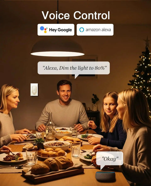 Family using No Brainer Smart Dimmer Switch For Single Pole 2.4GHz WiFi Works With Alexa And Google Home Voice Control at dinner
