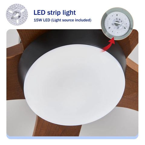 Geelife 42" 5PCS Solid Wood Blades Ceiling Fan with Lights Remote Control showing 15W LED light source with white cover.