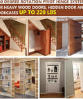 Heavy Duty Pivot Hinge Set With Stainless Steel Ball Catch For Wood Doors And Hidden Bookcases Featuring 360 Rotation And Invisible Hardware in use on various hidden door styles.