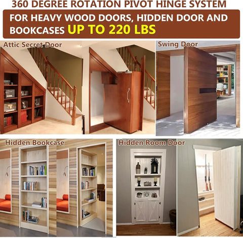 Heavy Duty Pivot Hinge Set With Stainless Steel Ball Catch For Wood Doors And Hidden Bookcases Featuring 360 Rotation And Invisible Hardware in use on various hidden door styles.
