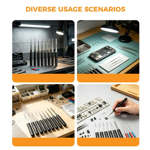 12 Piece Stainless Steel Tool Set With Ergonomic Handles For Broken Part Extraction And DIY Hardware Repair Heavy-Duty Rust Resistant Versatile Kit For Precision Work Great For Garage Or Workshop Black, shown on electronics repair desk