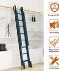 Built Like A Tank Heavy Duty Sliding Ladder Rail Kit With Smooth Carbon Steel Track For Library Loft Spaces Handles Big Loads Up To Three Hundred Thirty Pounds Plus Includes Sturdy Floor Casters, featuring a blue ladder on a white shelf.