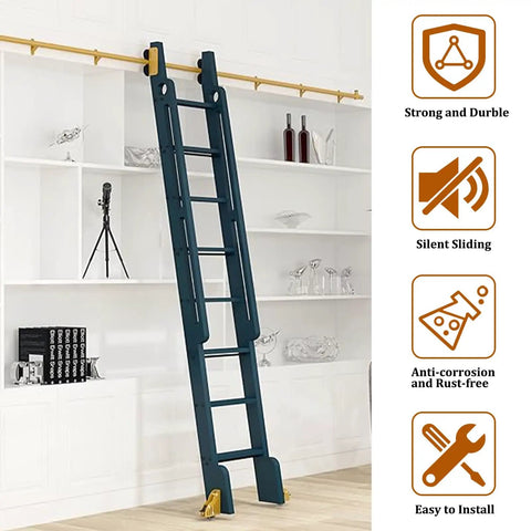 Built Like A Tank Heavy Duty Sliding Ladder Rail Kit With Smooth Carbon Steel Track For Library Loft Spaces Handles Big Loads Up To Three Hundred Thirty Pounds Plus Includes Sturdy Floor Casters, featuring a blue ladder on a white shelf.
