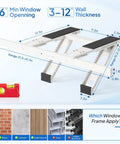 Diagram of No Drill Window AC Bracket For Easy 3 Minute Install Heavy Duty Steel Construction Supports Up To 220 Lbs with dimensions shown