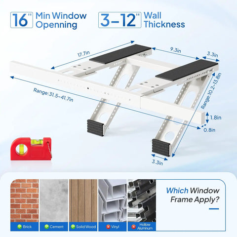 Diagram of No Drill Window AC Bracket For Easy 3 Minute Install Heavy Duty Steel Construction Supports Up To 220 Lbs with dimensions shown
