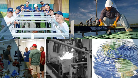 Collage of water filtration system assembly and maintenance with technicians working on Radial Flow Carbon Block Filter Cartridge 20-Micron.