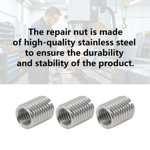Top Grade Stainless Steel Threaded Inserts For Furniture Hardware 20 Pack M4 M8 L6mm close-up of three stainless steel nuts.