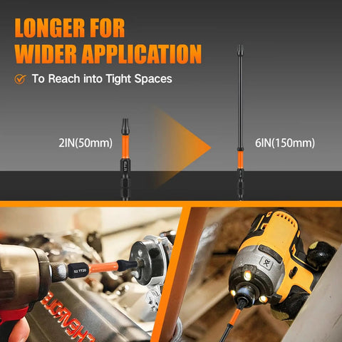 Heavy Duty Six Inch Security Torx Bit Set Twelve Piece S2 Steel Magnetic Star Bits shown with 2" and 6" length for tight spaces.